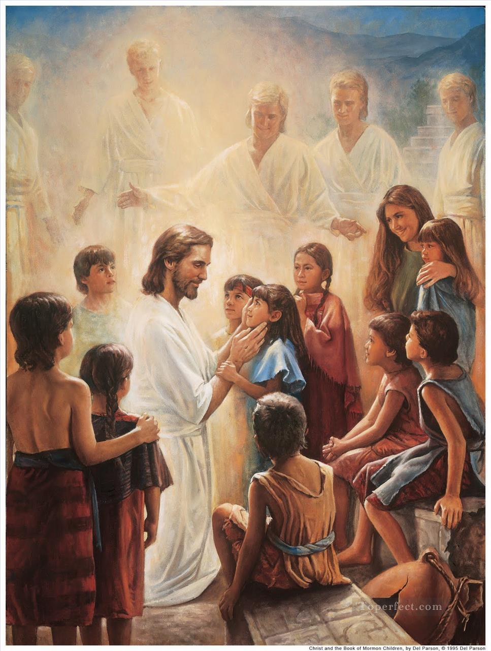 イエスはニーファイ人の子供たちを祝福する宗教的キリスト教徒油絵
